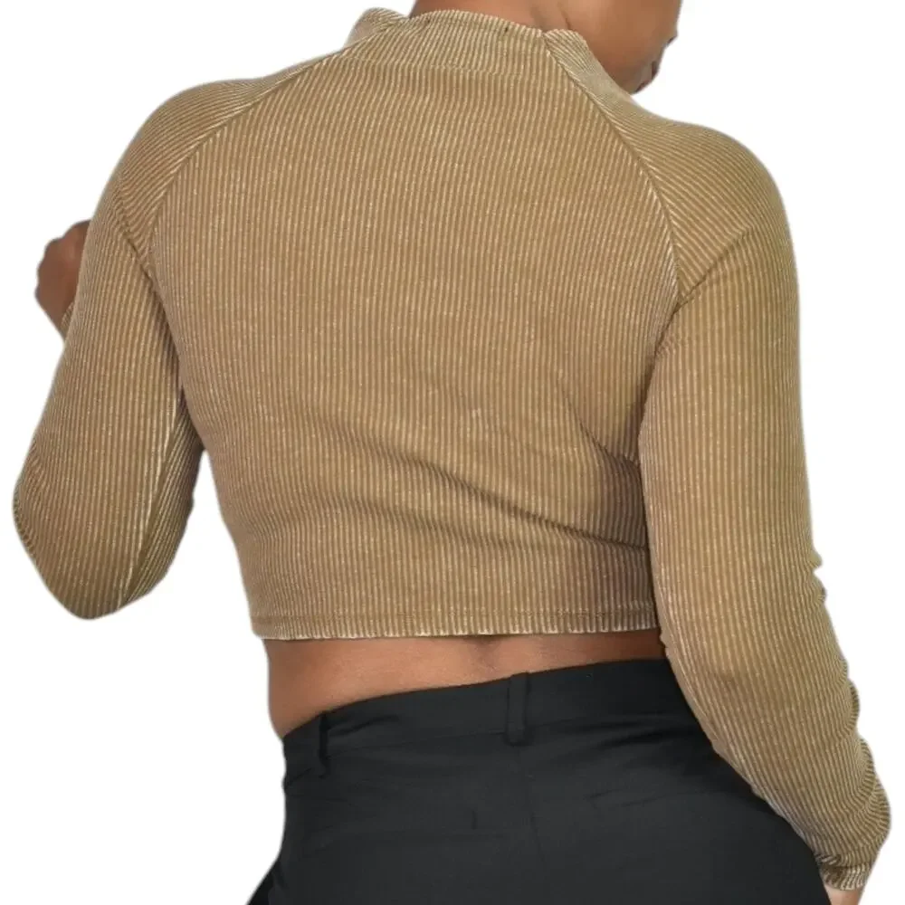 Fashion Nova Corset Crop Top Brown Washed Ribbed Long Sleeve Bustier Size Medium - Picture 3 of 15
